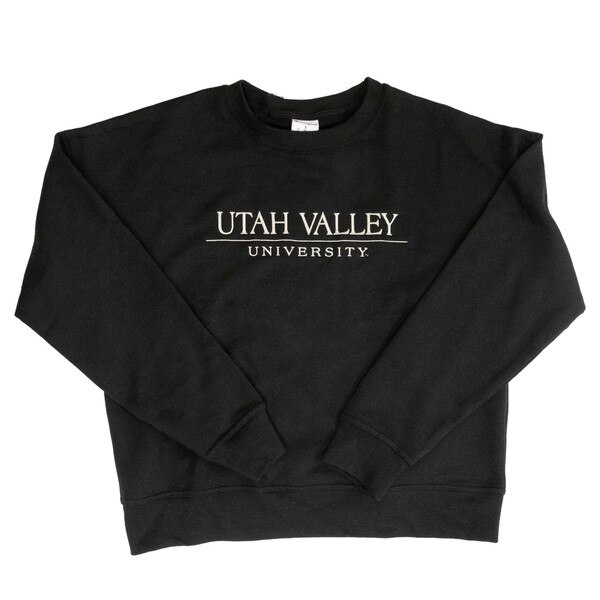 Women's Fit black crew with a classic design of creme color "Utah Valley University" embroidered on the front